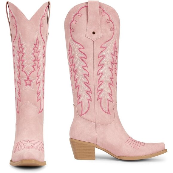 ⚡Women's Pink Knee High Cowgirl Boots Embroidered Chunky Heels Pointed Toe - Picture 2 of 6